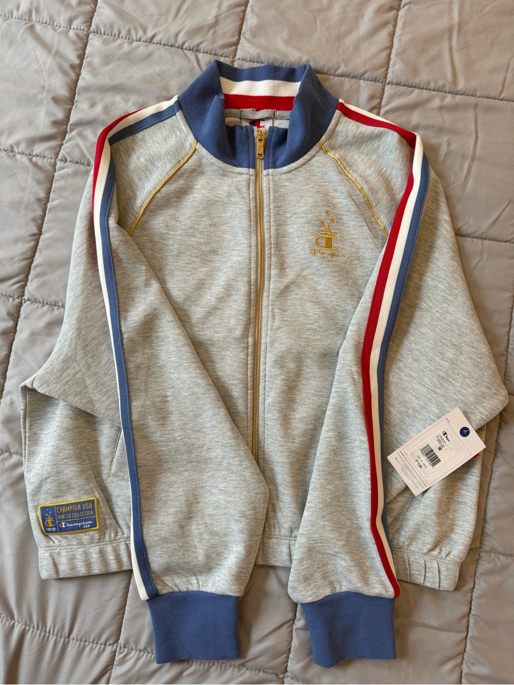 Champion Wonen‘s Light Gray Track Jacket with Red & Blue Stripes